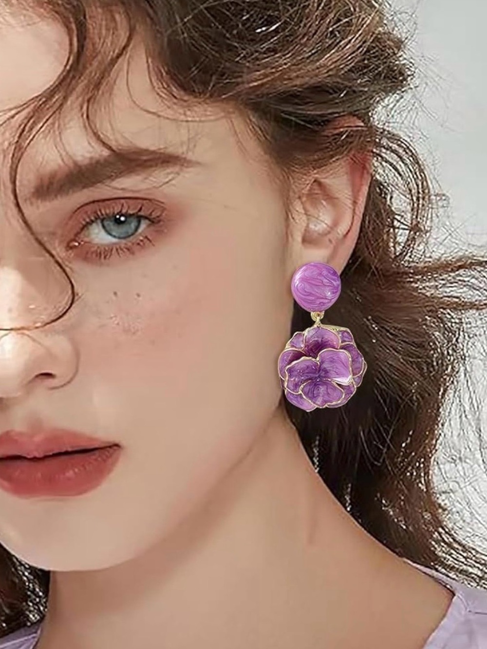 Elegant Purple Enamel Floral Drop Earrings - Women Jewelry - Picture 3 of 11